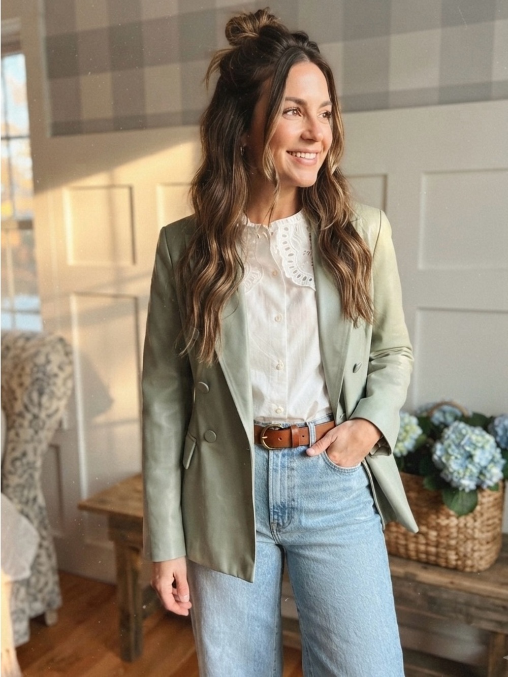 Zara Light Sage Green Double-Breasted Blazer Medium